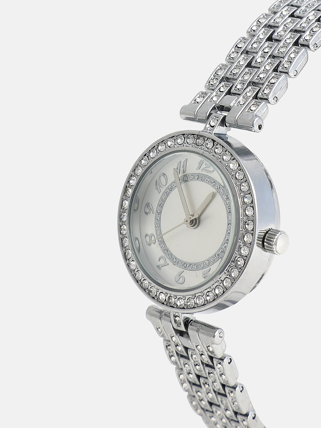 The Embellished Five-Link Round Watch - Metallic Silver