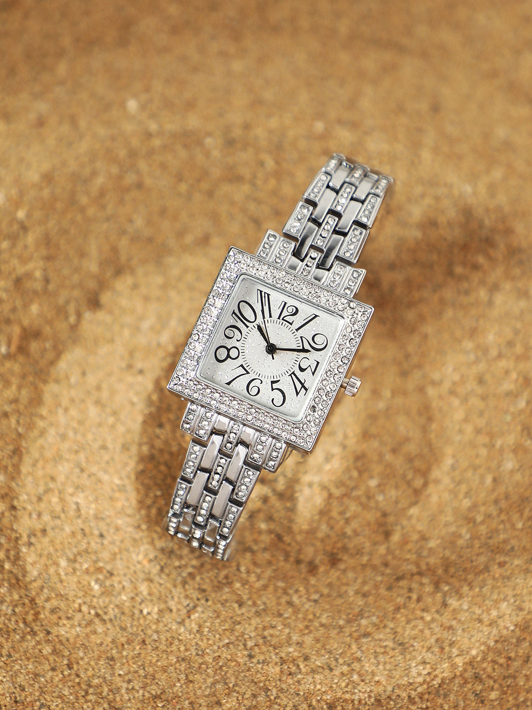 The Embellished Five-Link Square Watch - Metallic Silver