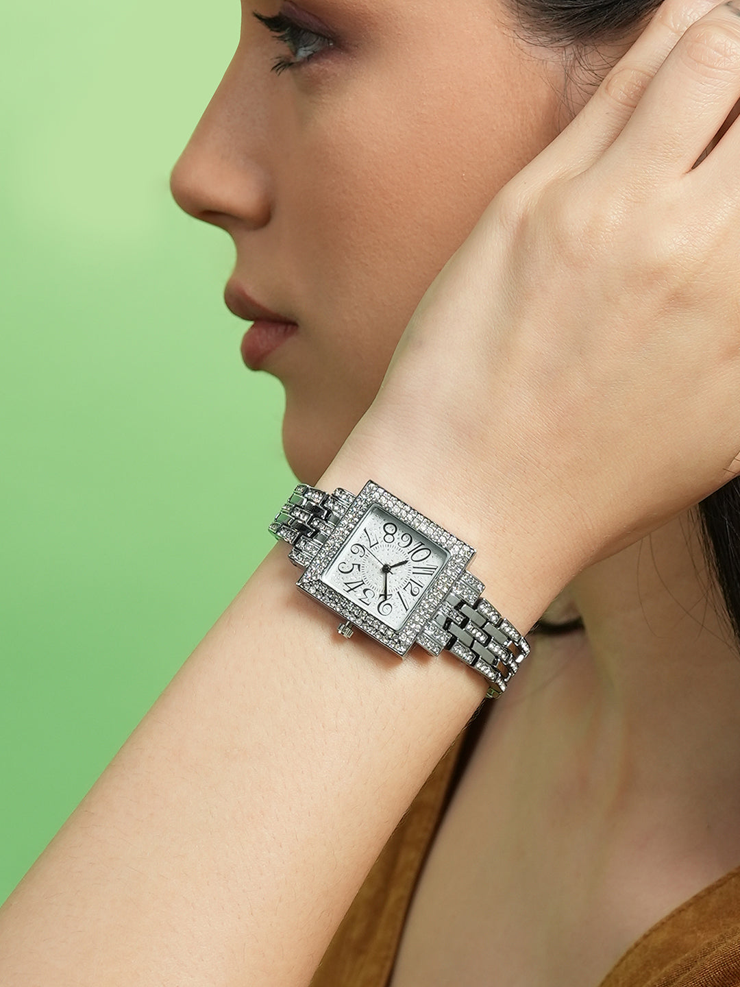 The Embellished Five-Link Square Watch - Metallic Silver