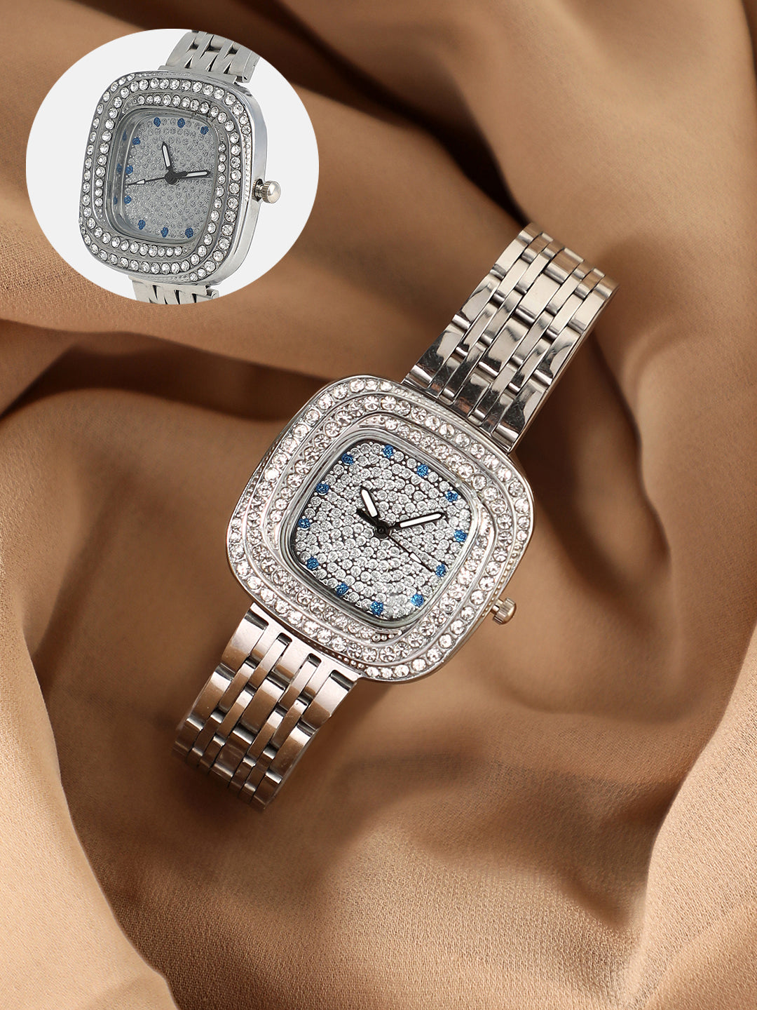 The Embellished Block Round Watch - Metallic Silver