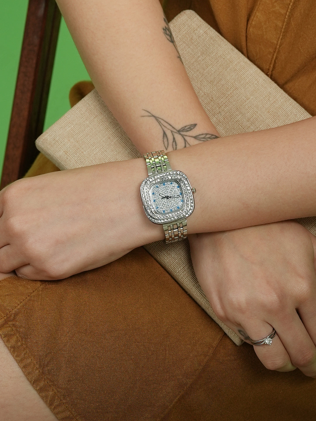 The Embellished Block Round Watch - Metallic Silver