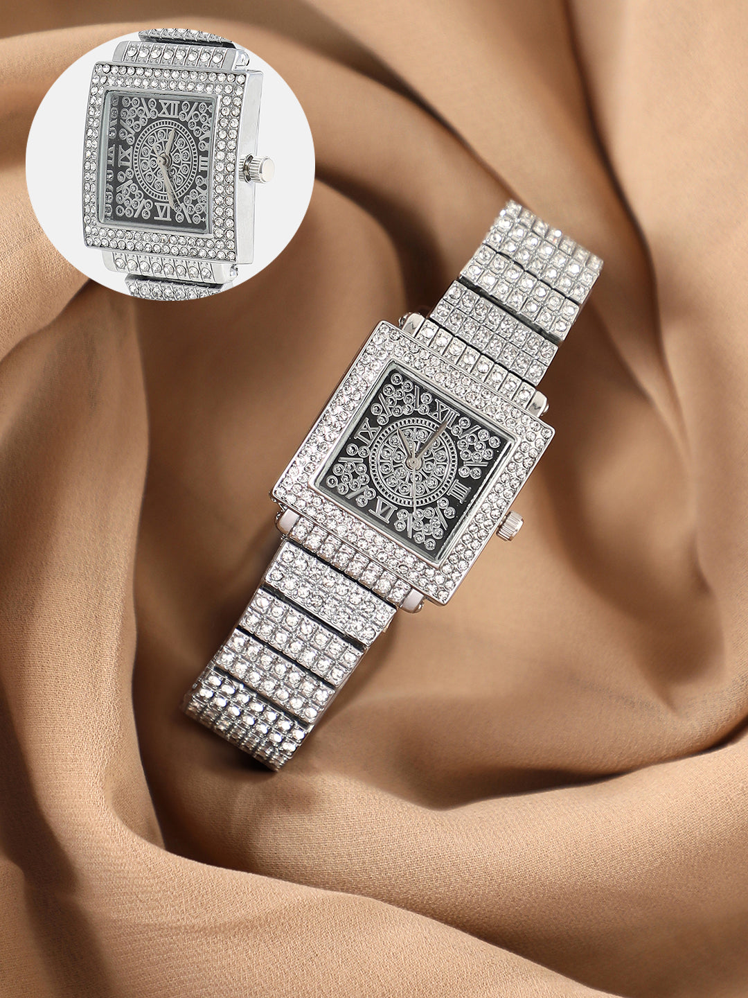 The Embellished Geometric Round Watch - Crystal Silver