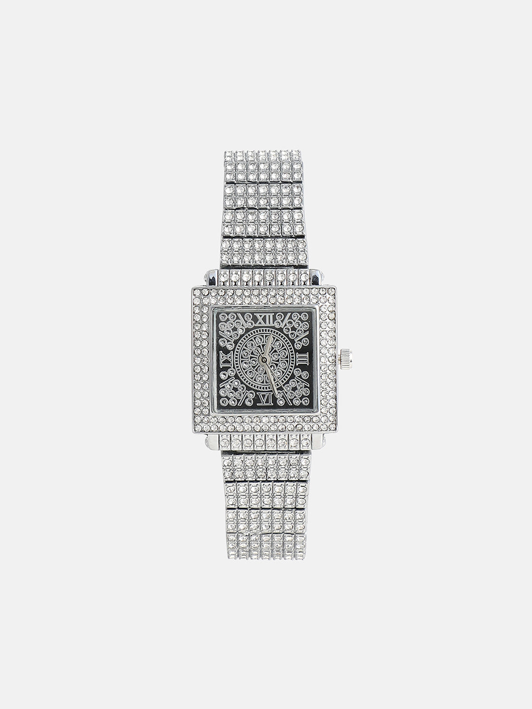 The Embellished Geometric Round Watch - Crystal Silver