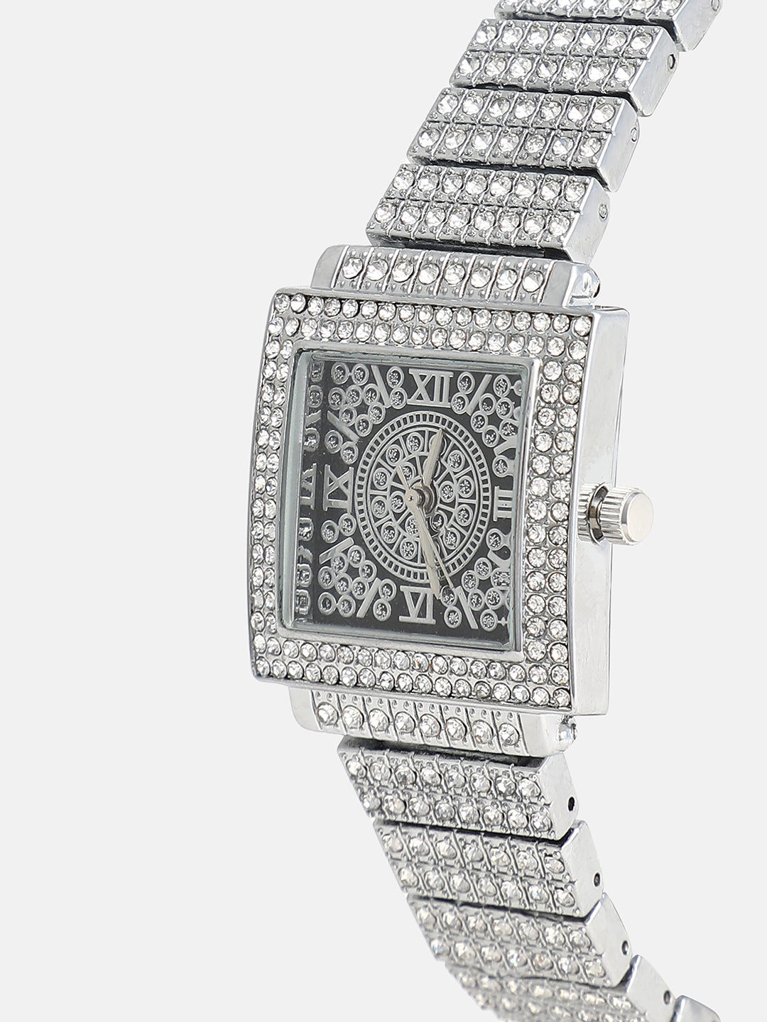 The Embellished Geometric Round Watch - Crystal Silver