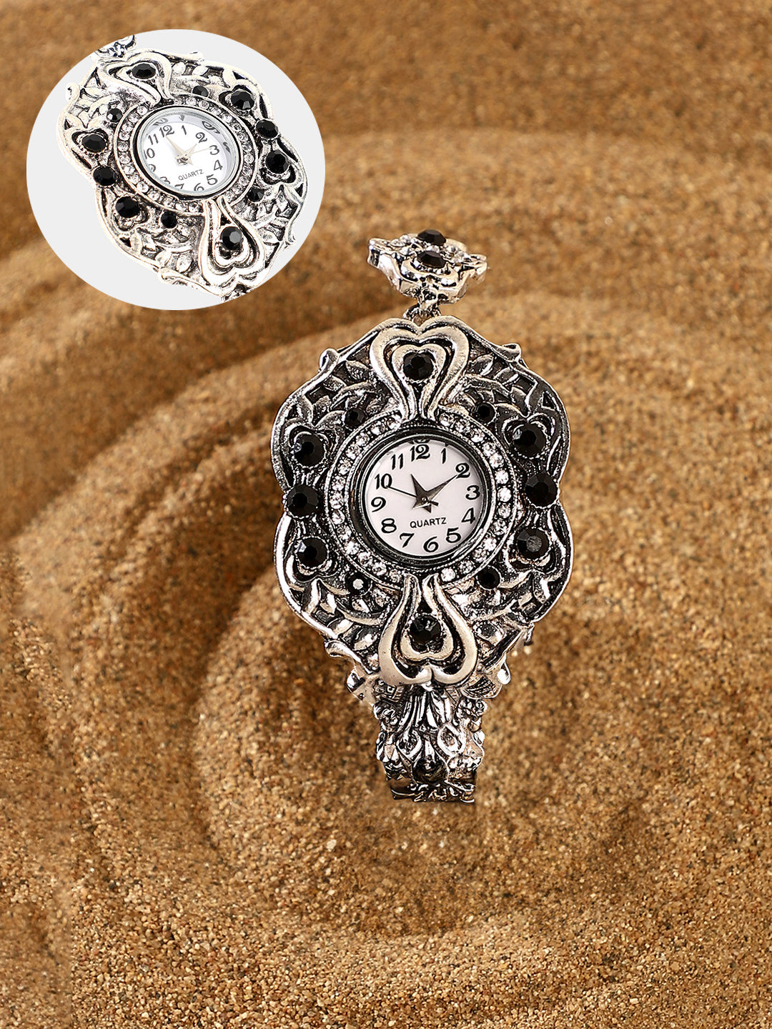 The Stone Foliage Round Watch - Antique Silver