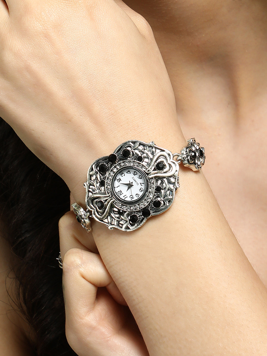 The Stone Foliage Round Watch - Antique Silver