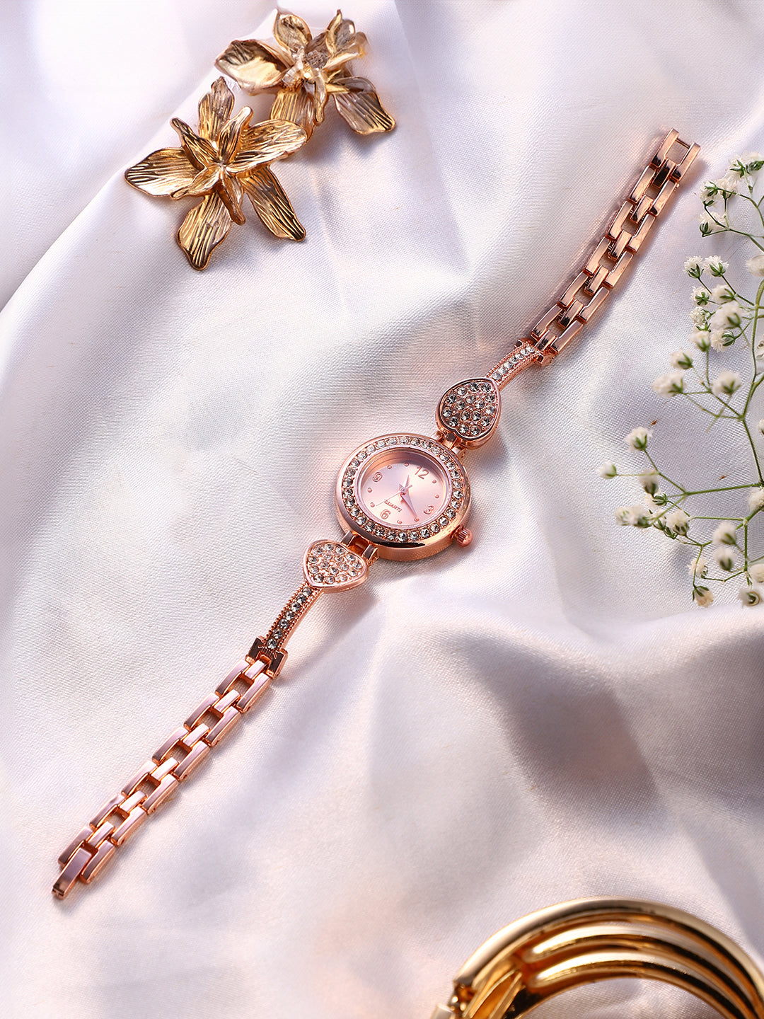 The Embellished Leaf Round Watch - Champayne Gold