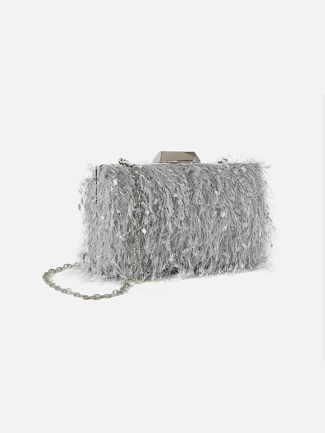 Silver Textured Fringe Clutch