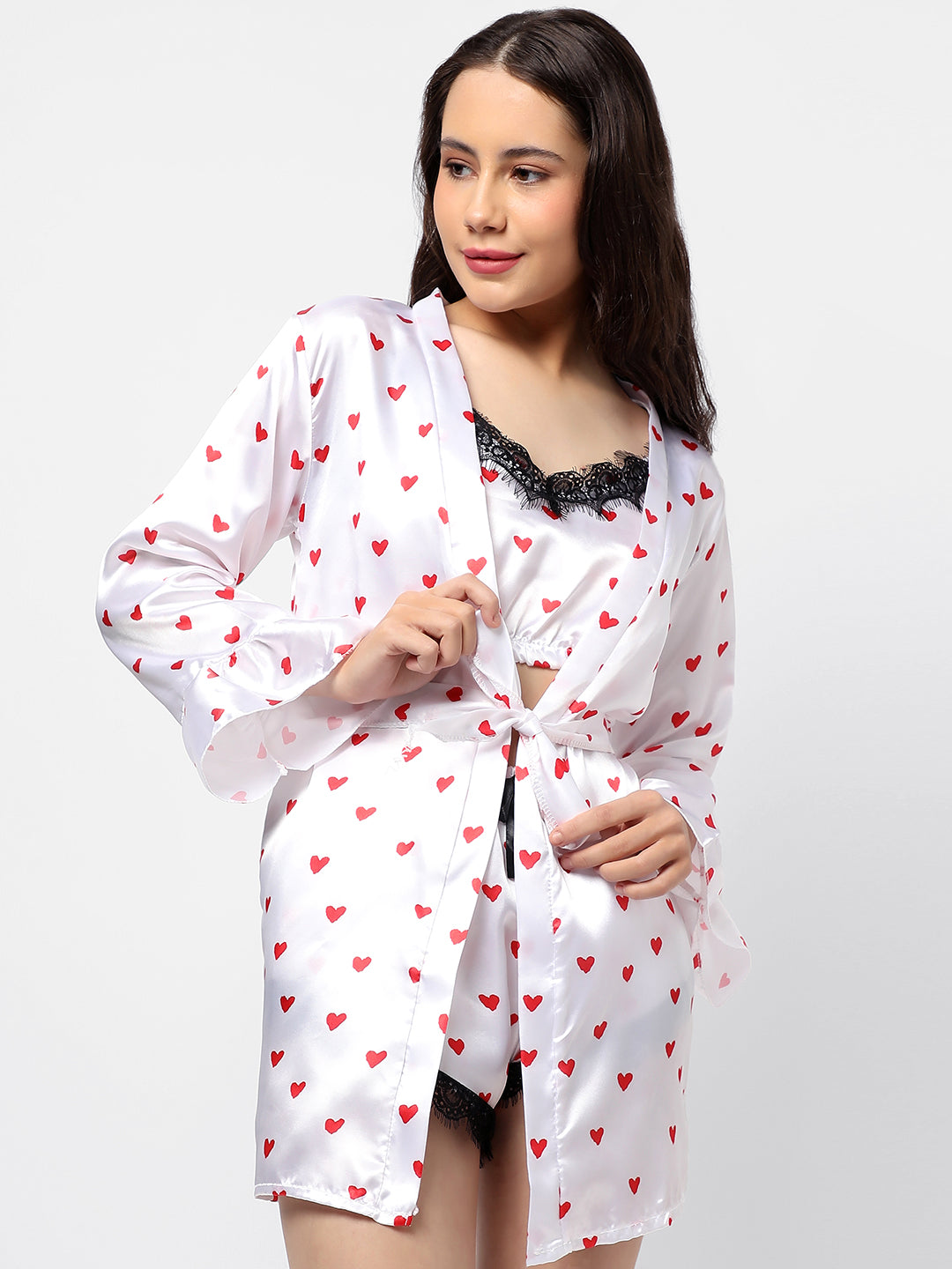 Polka Dots Crop Top, Short & Coat Satin Night Wear Set