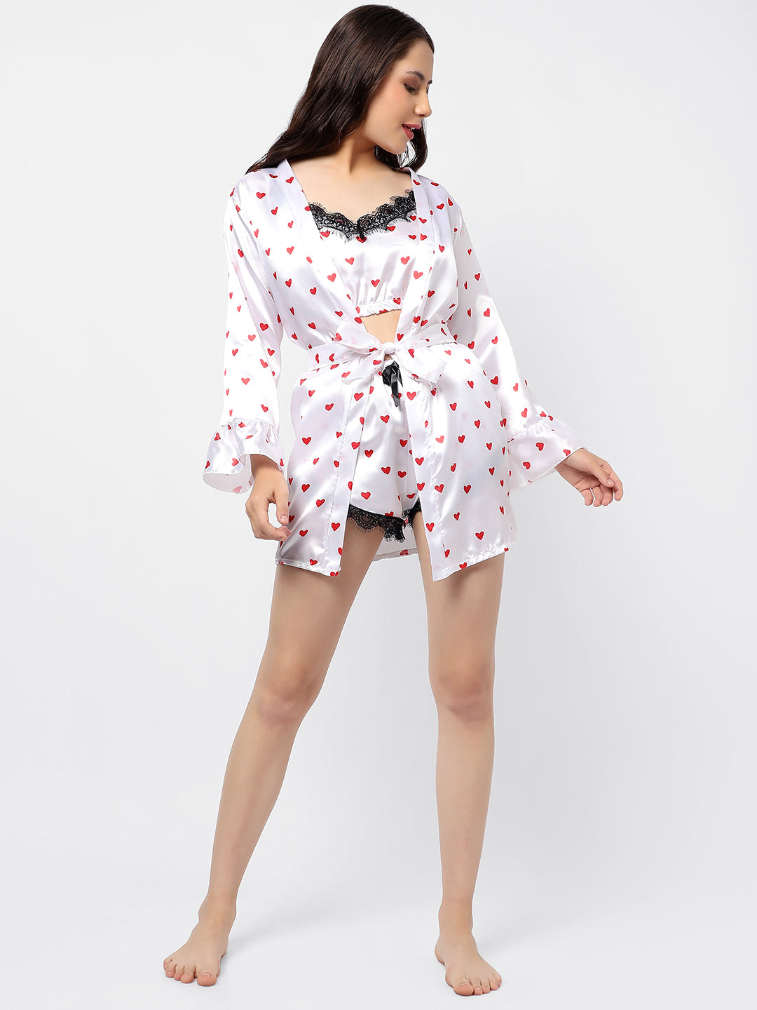 Polka Dots Crop Top, Short & Coat Satin Night Wear Set