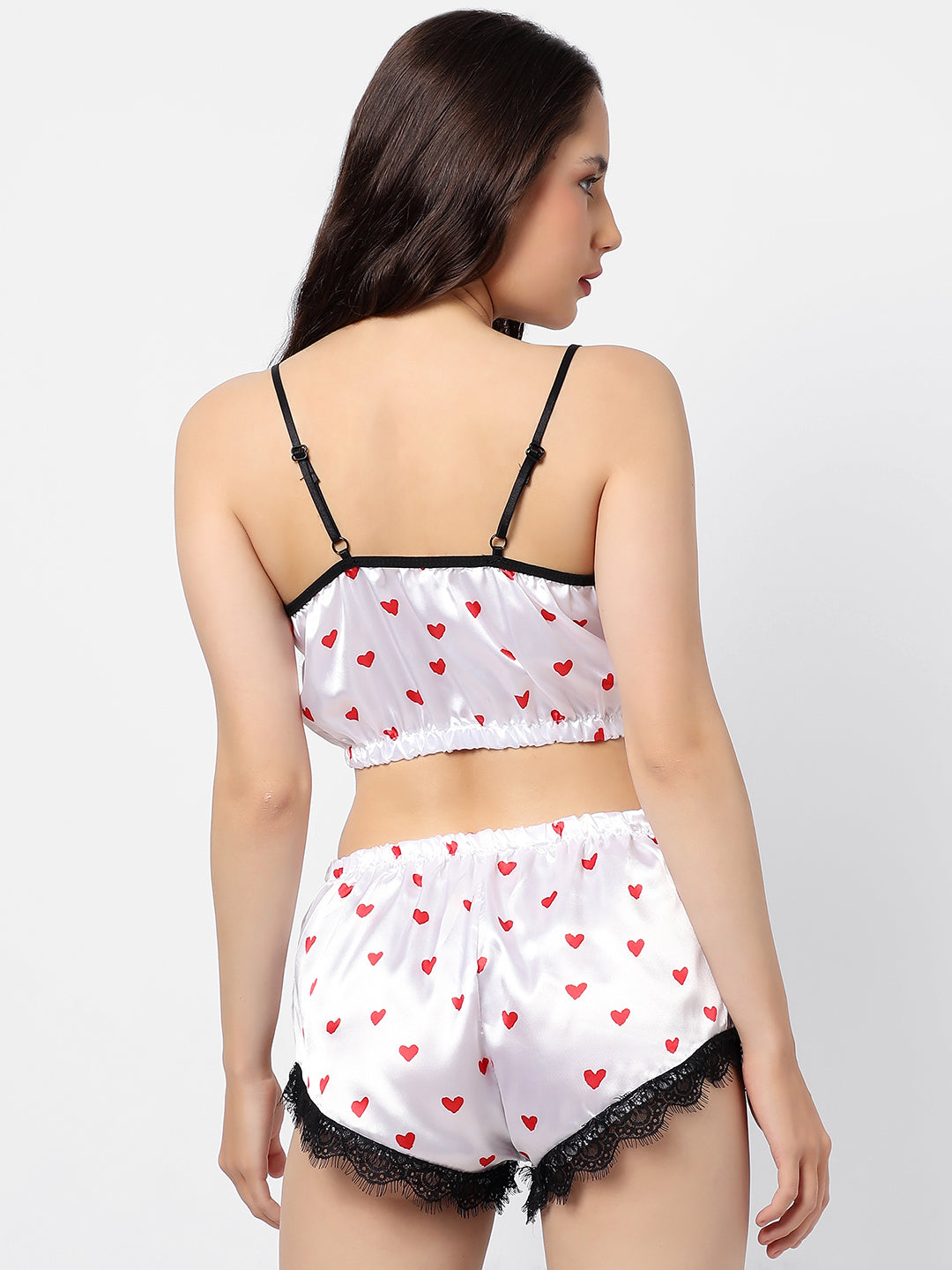 Polka Dots Crop Top, Short & Coat Satin Night Wear Set