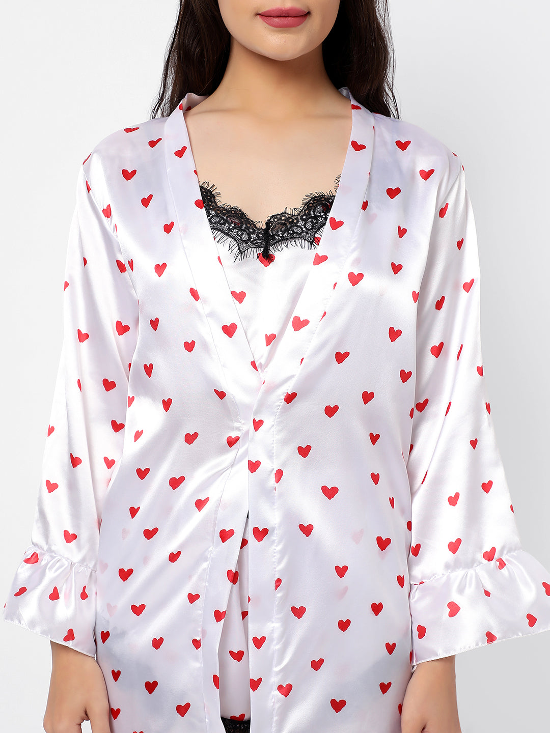 Polka Dots Crop Top, Short and Coat Satin Night Wear Set For Women