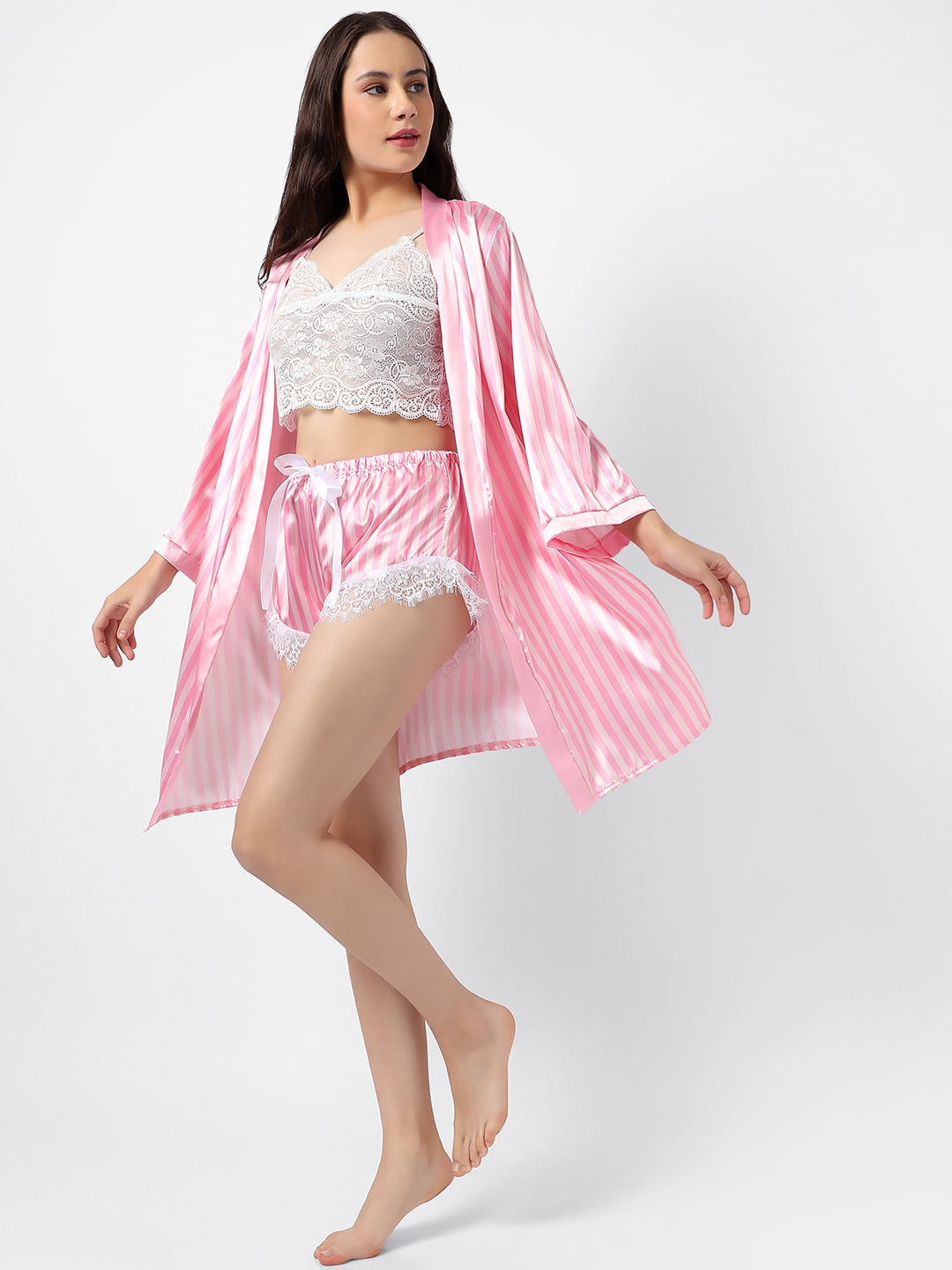 Solid Crop Top, Short & Coat Satin Night Wear Set