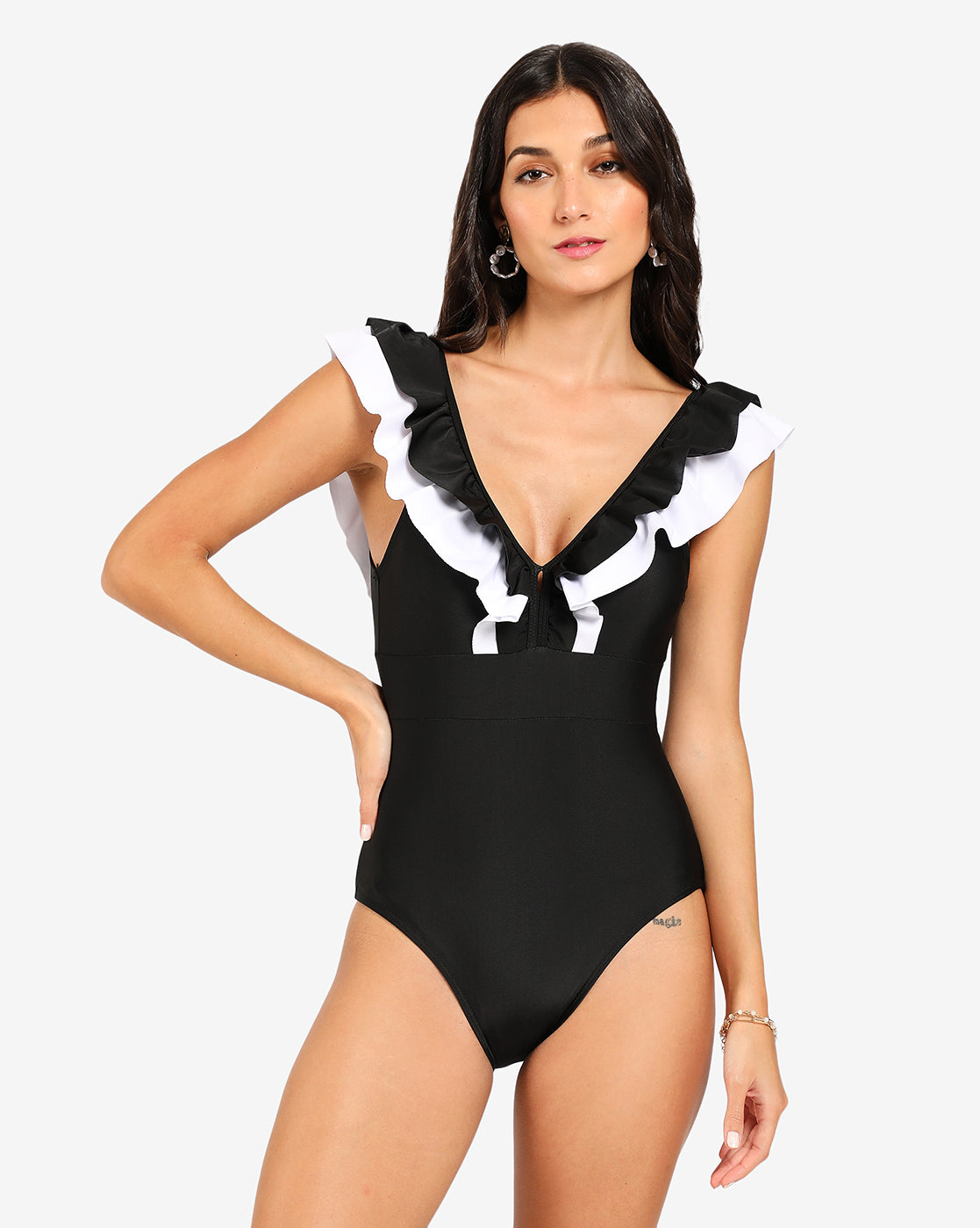 Ruffle V Neck One Piece Swimsuit