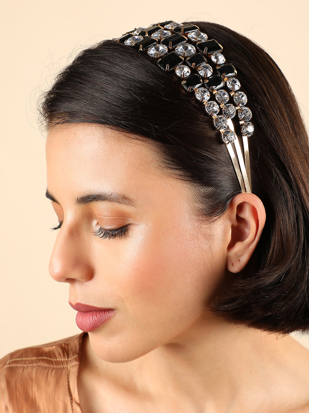 Black Stones Gold Plated Hairband