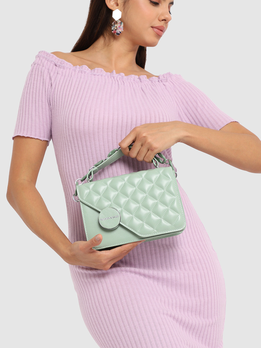 Quilted Flap Handbag - Mint Green