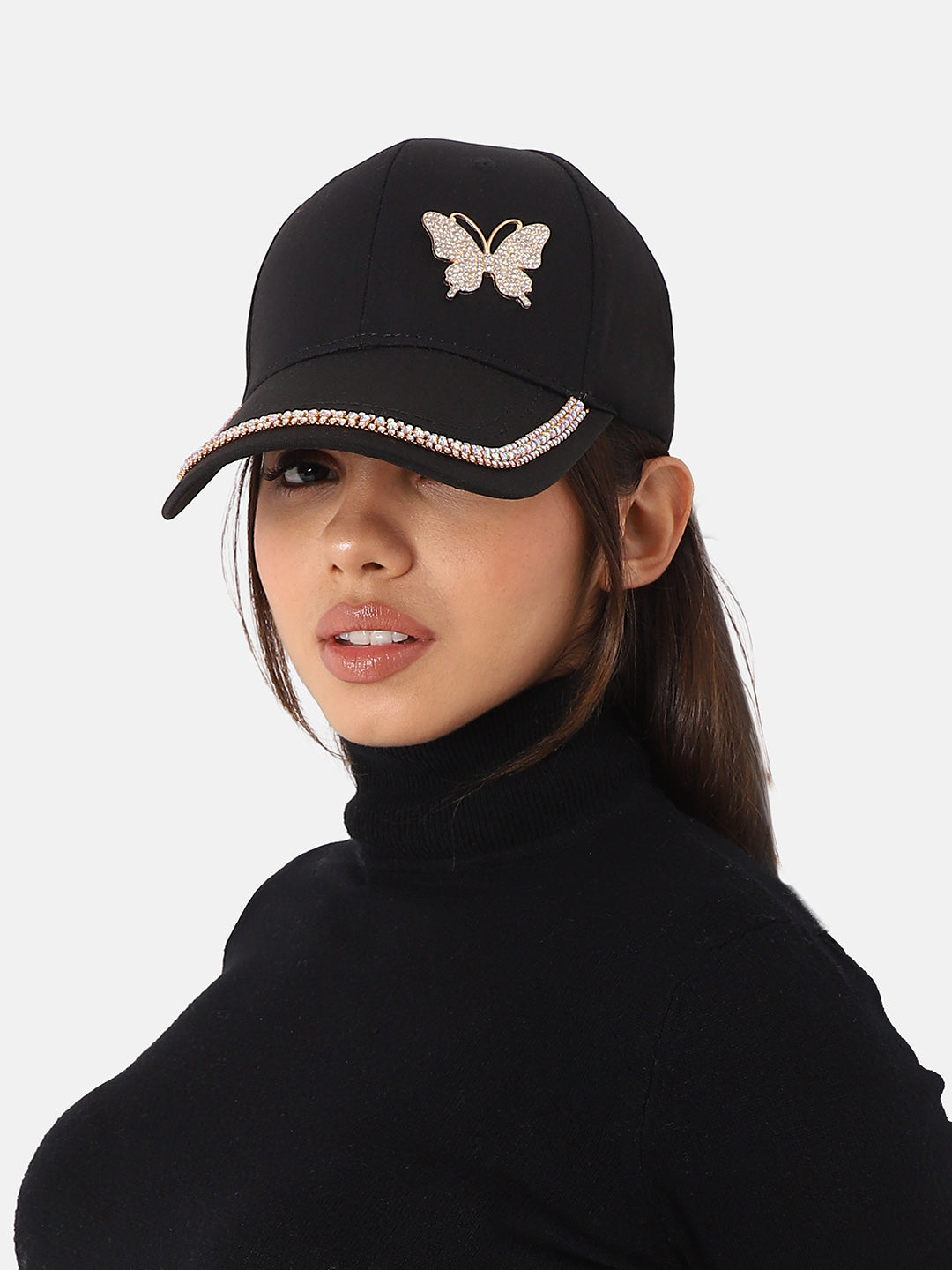 Rhinestone Butterfly Baseball Cap - Black