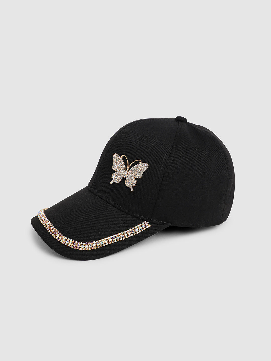 Rhinestone Butterfly Baseball Cap - Black