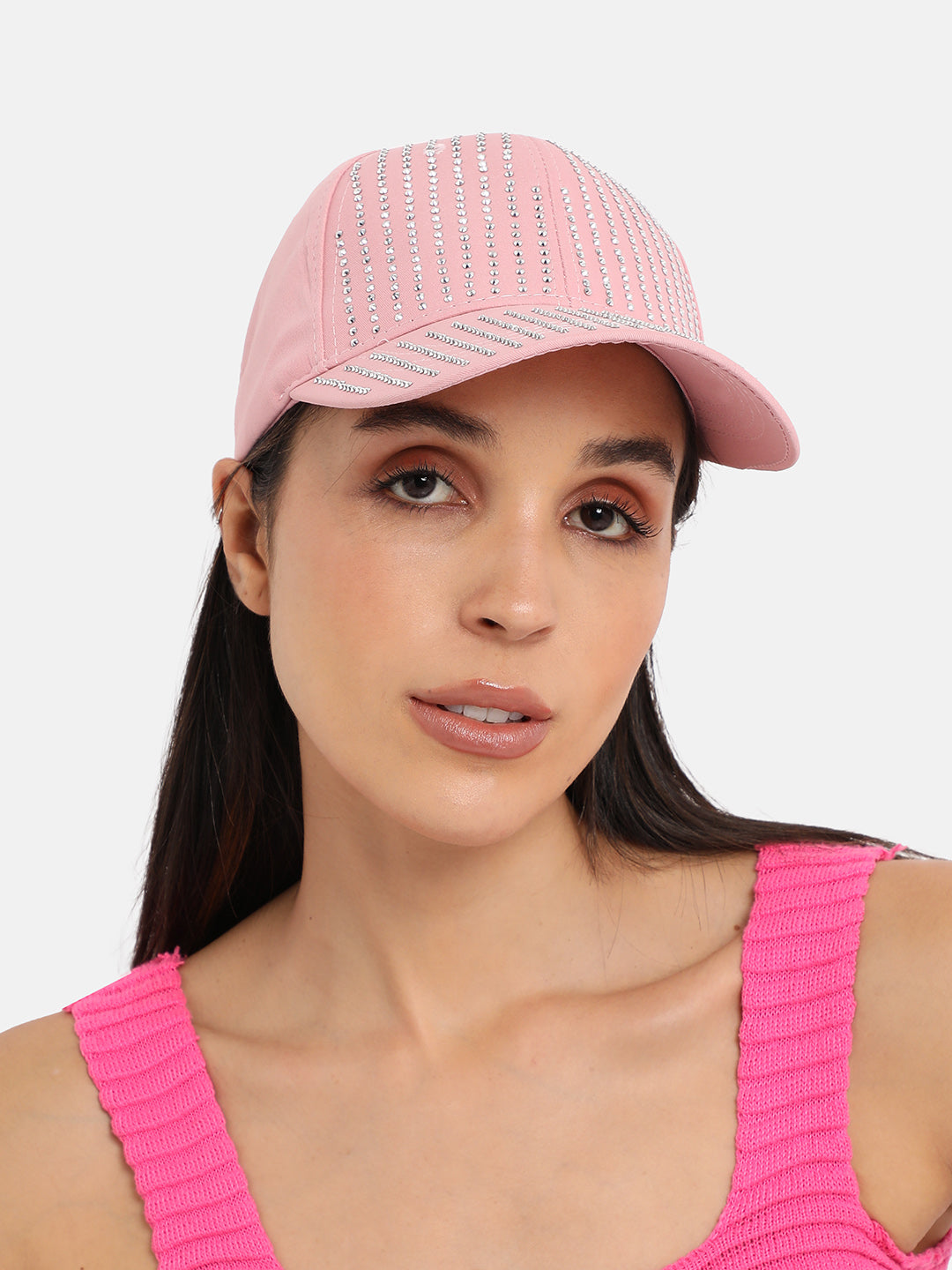 Rhinestone Lined Baseball Cap - Baby Pink