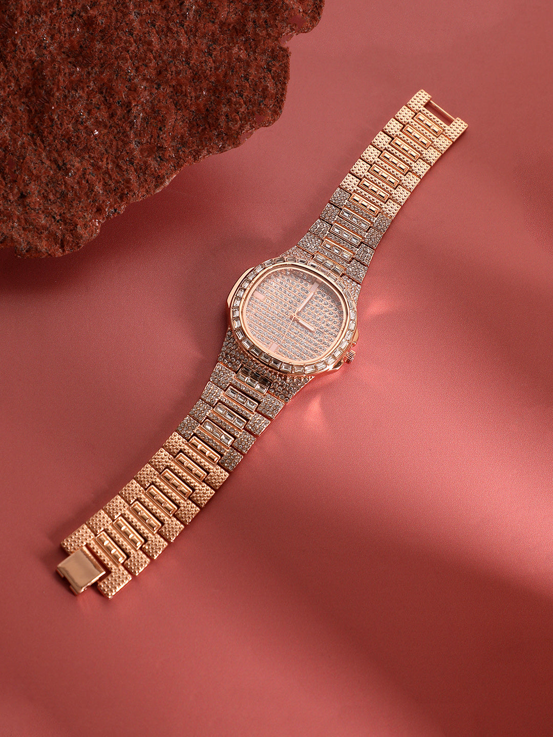 Embellished Round Watch - Rose Gold