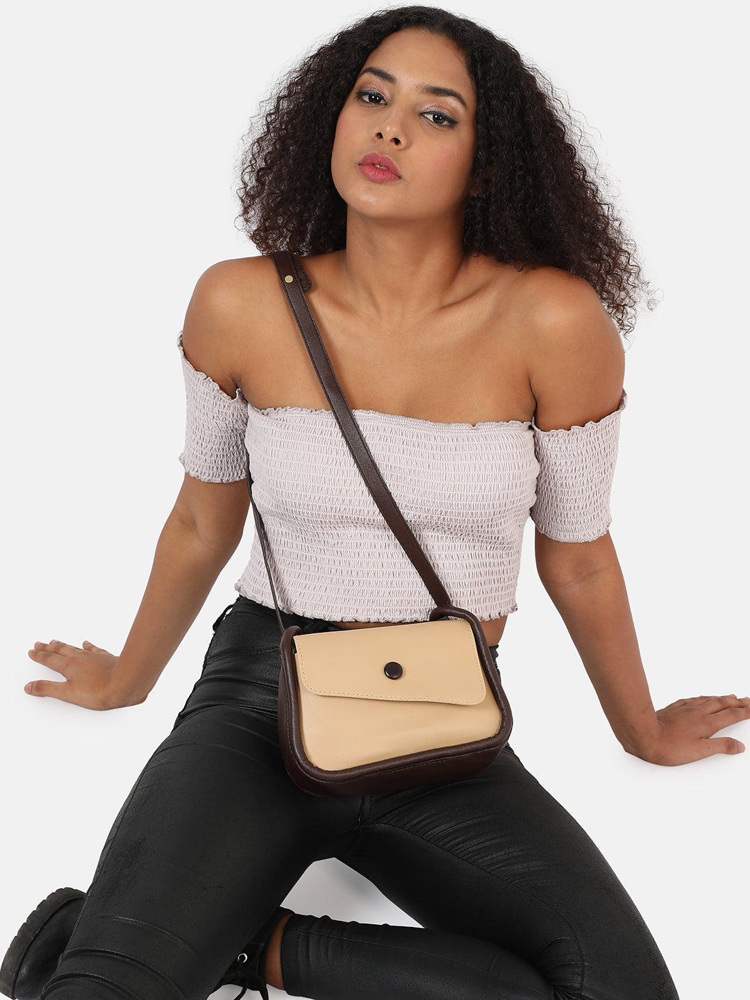 Beige Solid Vegan Leather Sling Bag