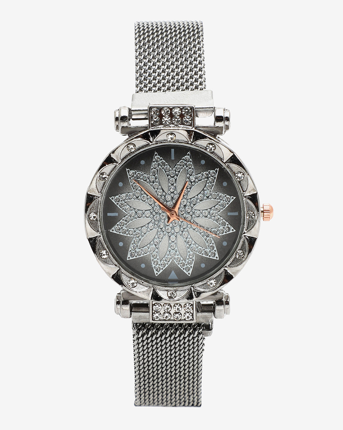 Silver Crystal Stones Analog Round Dial With Silver Metal Mesh Strap