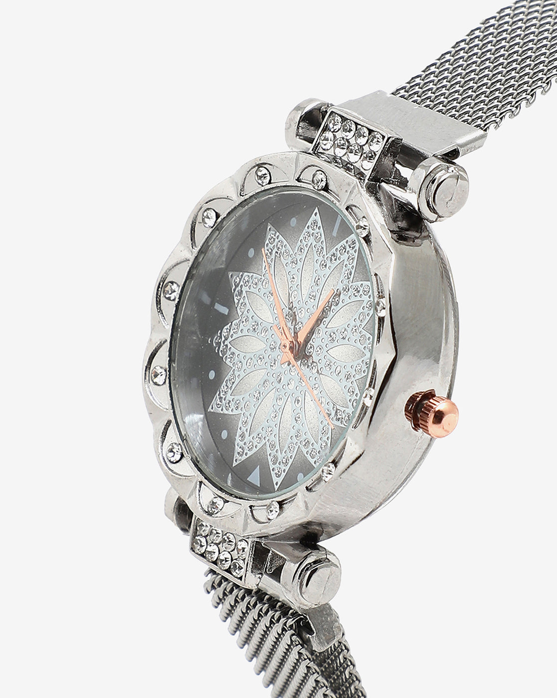 Silver Crystal Stones Analog Round Dial With Silver Metal Mesh Strap