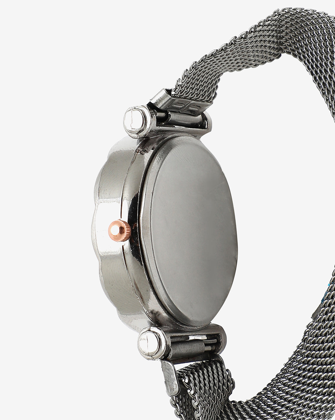 SILVER CRYSTAL STONES ANALOG ROUND DIAL WITH SILVER METAL MESH STRAP