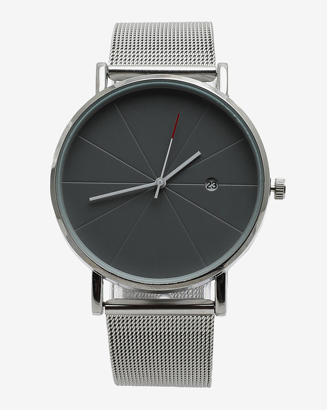 Sleek Grey Analog Round Dial With Metal Mesh Strap