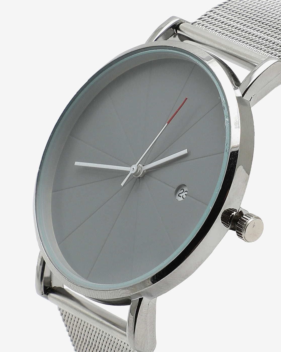 Sleek Grey Analog Round Dial With Metal Mesh Strap