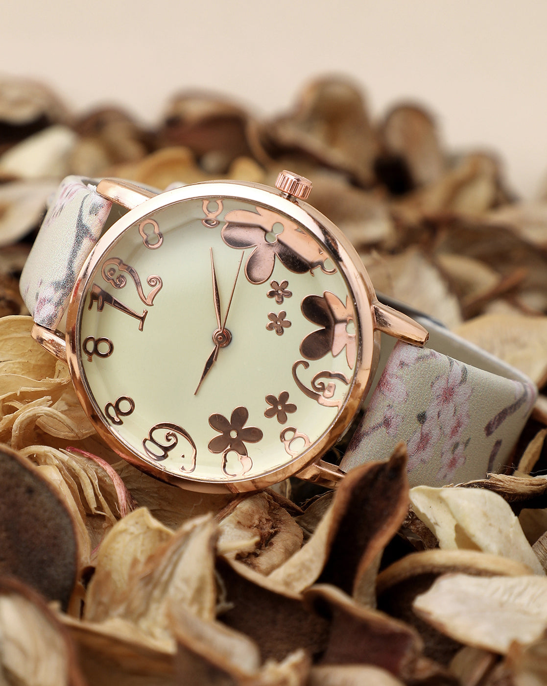 Beige & Champagne Gold Decorative Analog Round Dial With Floral Printed Leather Strap