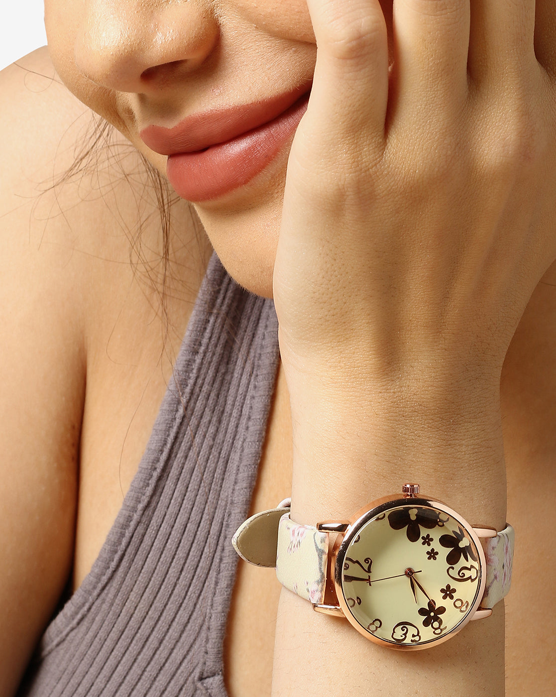 Beige & Champagne Gold Decorative Analog Round Dial With Floral Printed Leather Strap