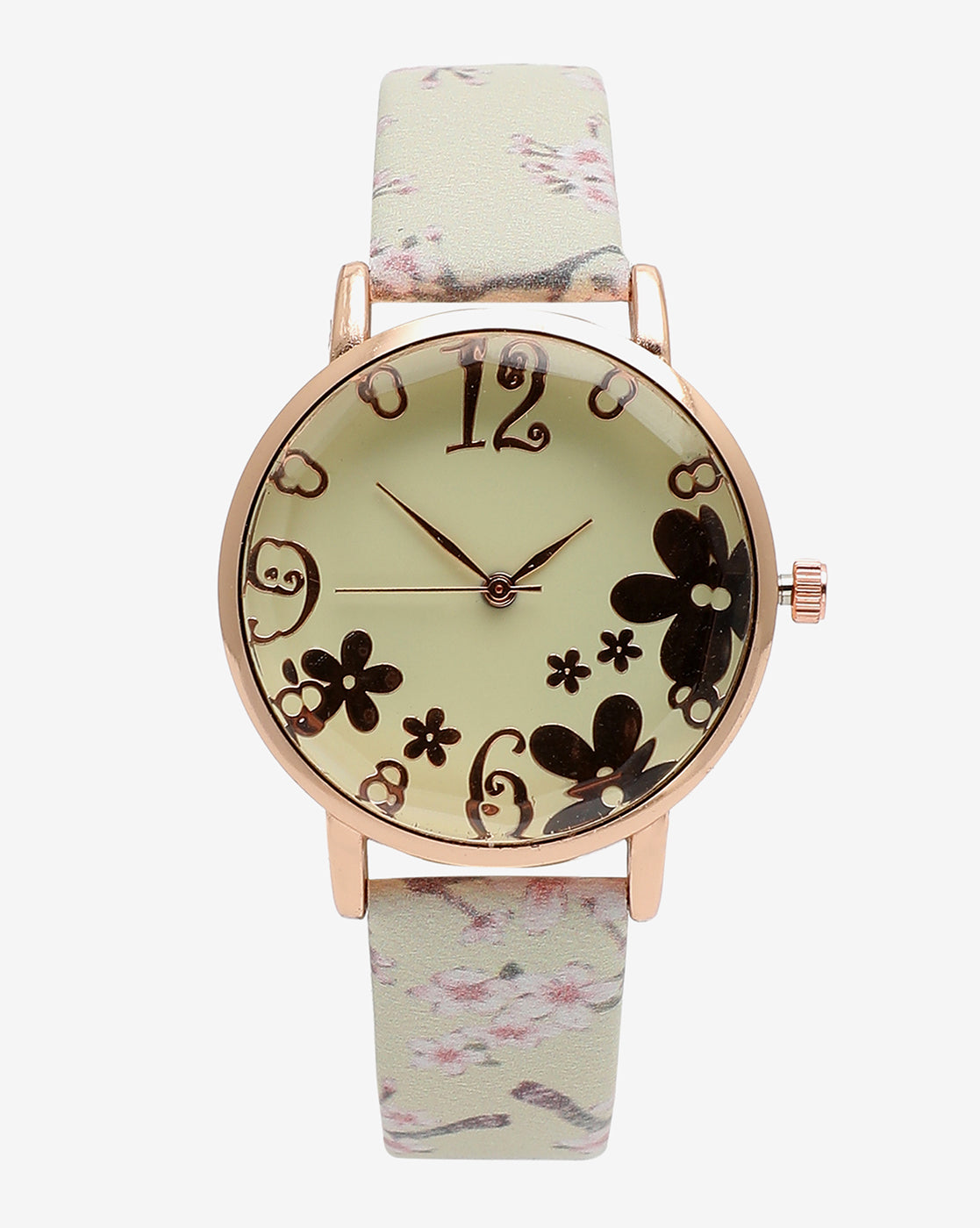 Beige & Champagne Gold Decorative Analog Round Dial With Floral Printed Leather Strap