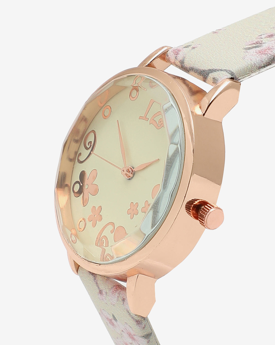 Beige & Champagne Gold Decorative Analog Round Dial With Floral Printed Leather Strap