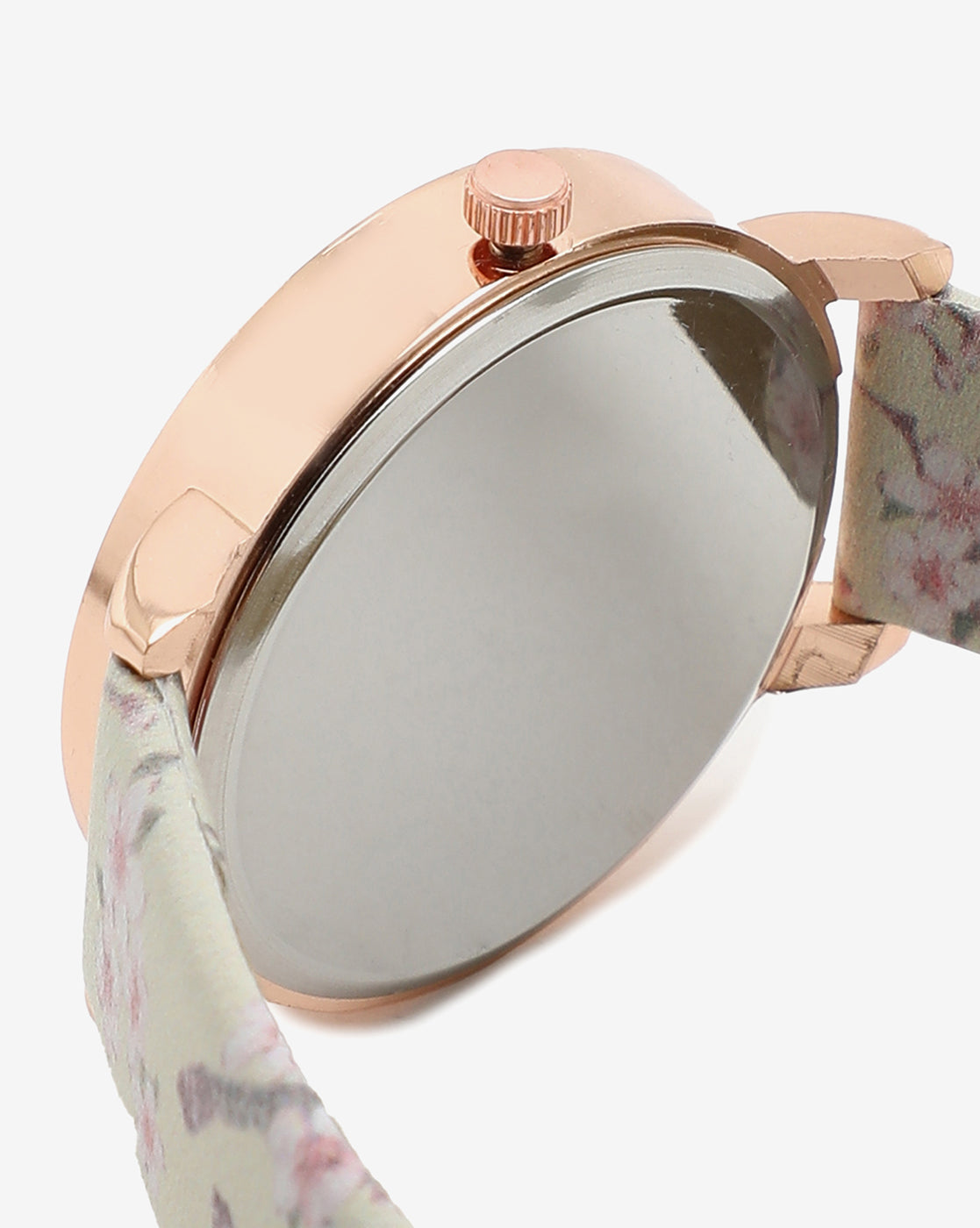 BEIGE AND CHAMPAGNE GOLD DECORATIVE ANALOG ROUND DIAL WITH FLORAL PRINTED LEATHER STRAP