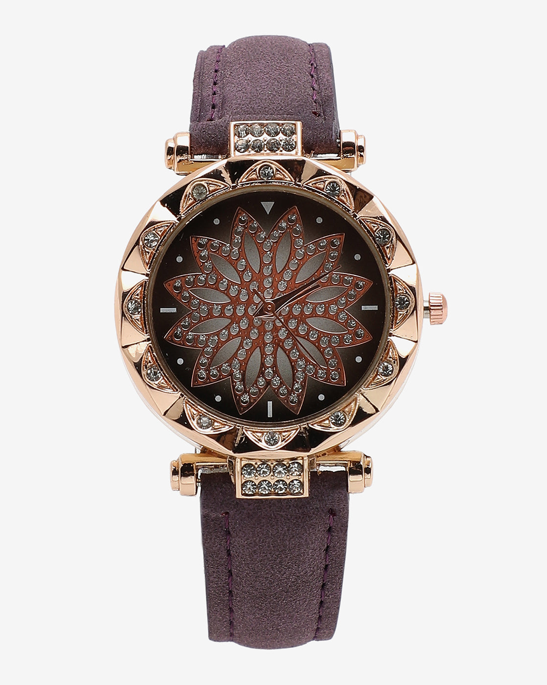 Purple & Gold Crystal Stone Decorative Analog Round Dial With Brown Suede Strap