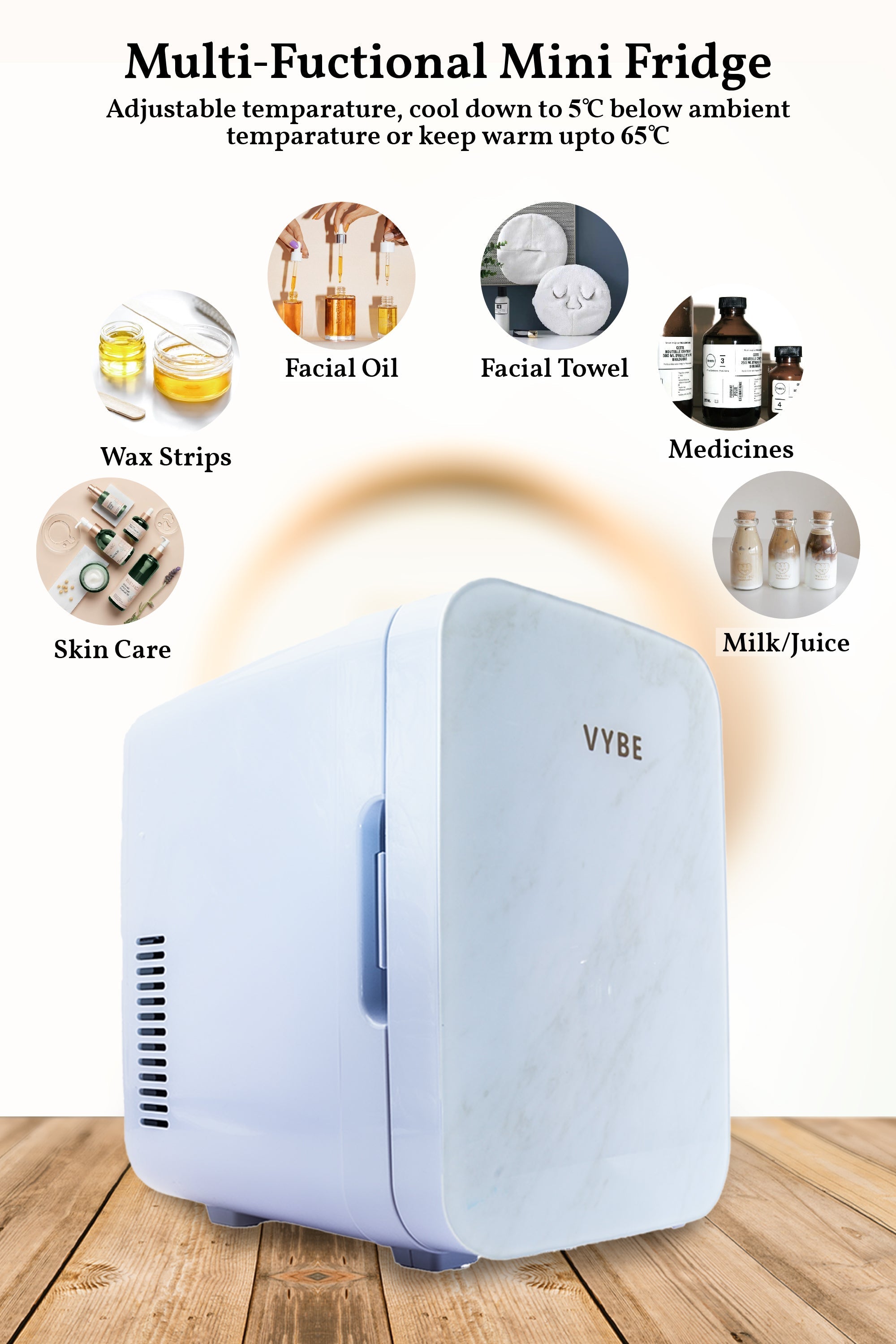 Vybe Mini Beauty Fridge (6 Liter):Ac/Dc Portable Thermoelectric Cooler & Warmer.Also Used As Car Mini Fridge For Long Travel.Used To Store - Serums,Moisturizers,Toners, Cream,Nail Polish (Vybe1002)